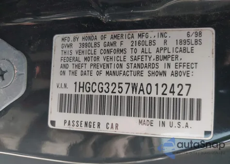 1998 Honda Accord Ex из США, поврежденный, VIN 1HGCG3257WA012427